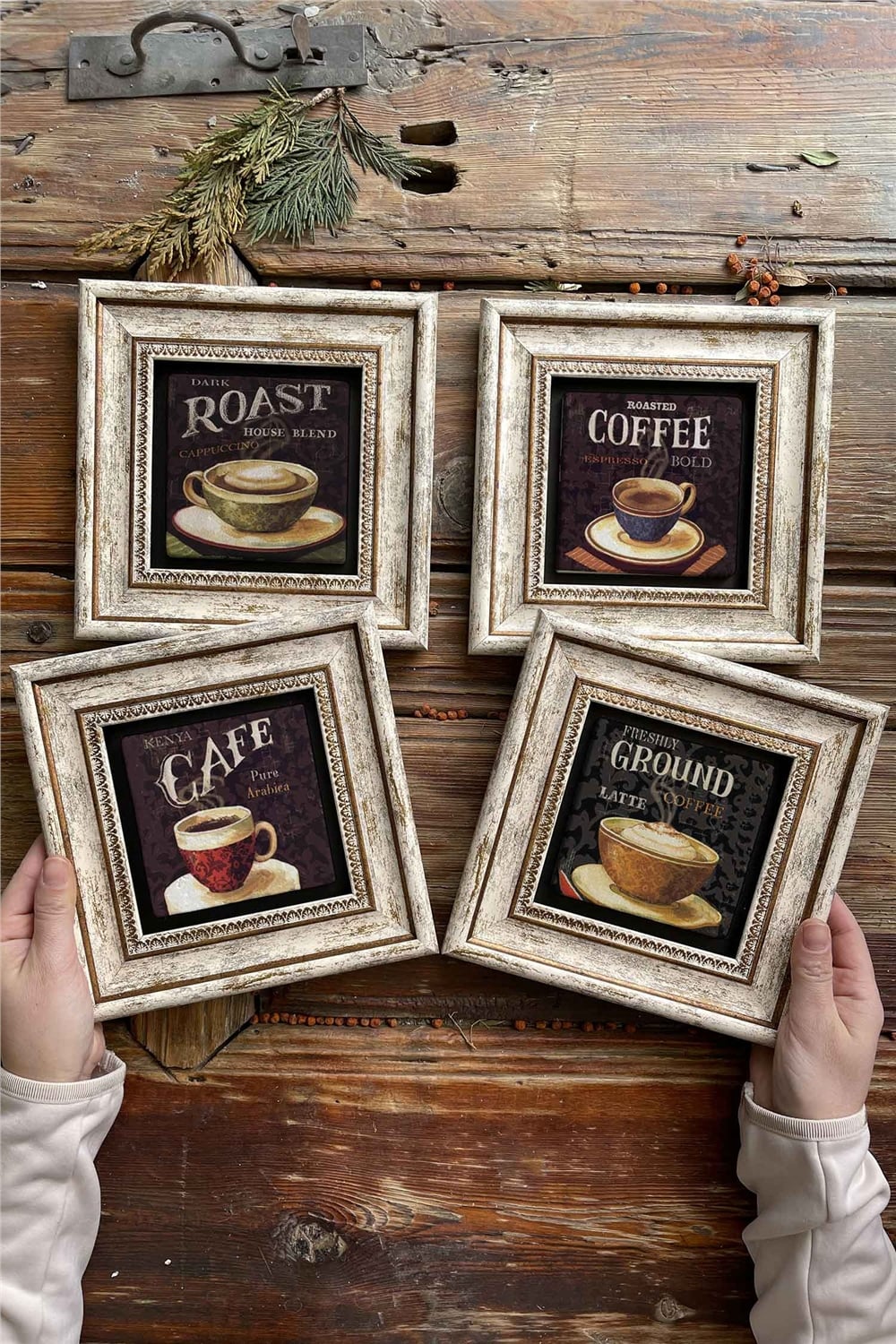 Oscar Stone Decor Çerçeveli Taş Tablo Duvar Dekoru 20x20cm 4'lü Set Cafe Coffee
