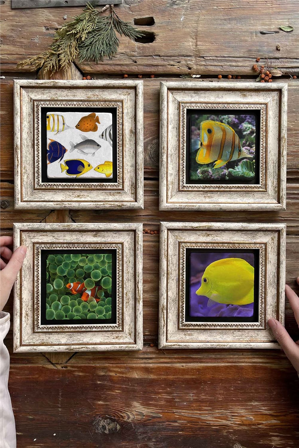 Oscar Stone Decor Çerçeveli Taş Tablo Duvar Dekoru 20x20cm 4'lü Set Balık Fish Nemo Set