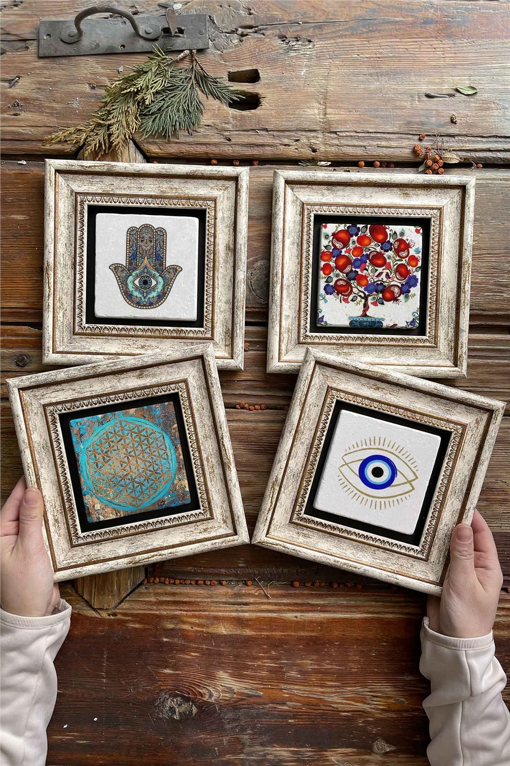 Oscar Stone Decor Çerçeveli Taş Tablo Duvar Dekoru 20x20cm 4'lü Set Fatma Ana Nar Ağacı Nazar