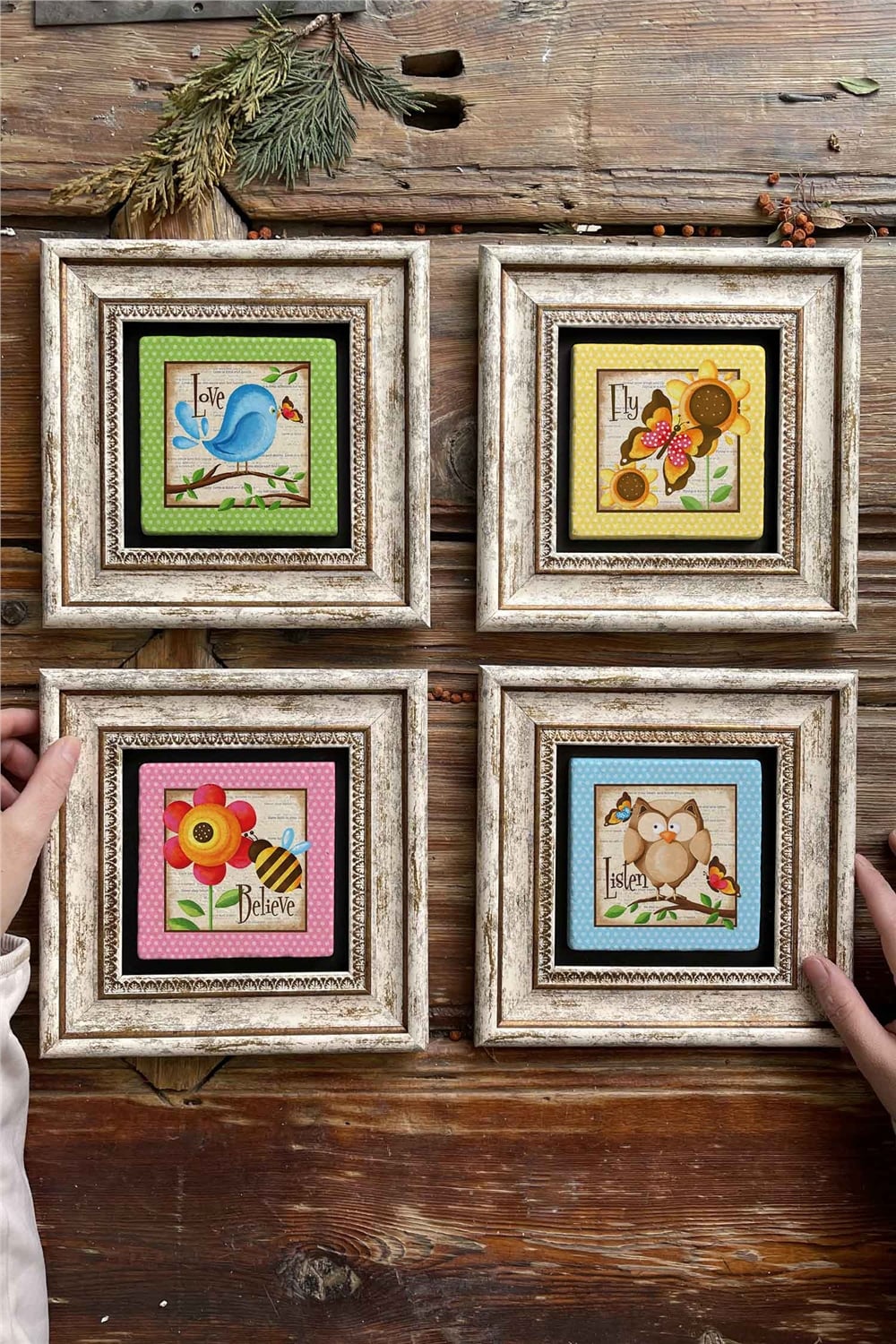 Oscar Stone Decor Çerçeveli Taş Tablo Duvar Dekoru 20x20cm 4'lü Set Believe Love Fly Set