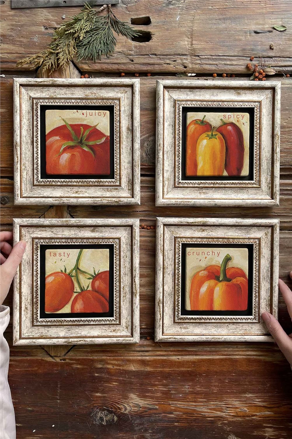 Oscar Stone Decor Çerçeveli Taş Tablo Duvar Dekoru 20x20cm 4'lü Set Juicy Spicy Tasty Crunchy Set
