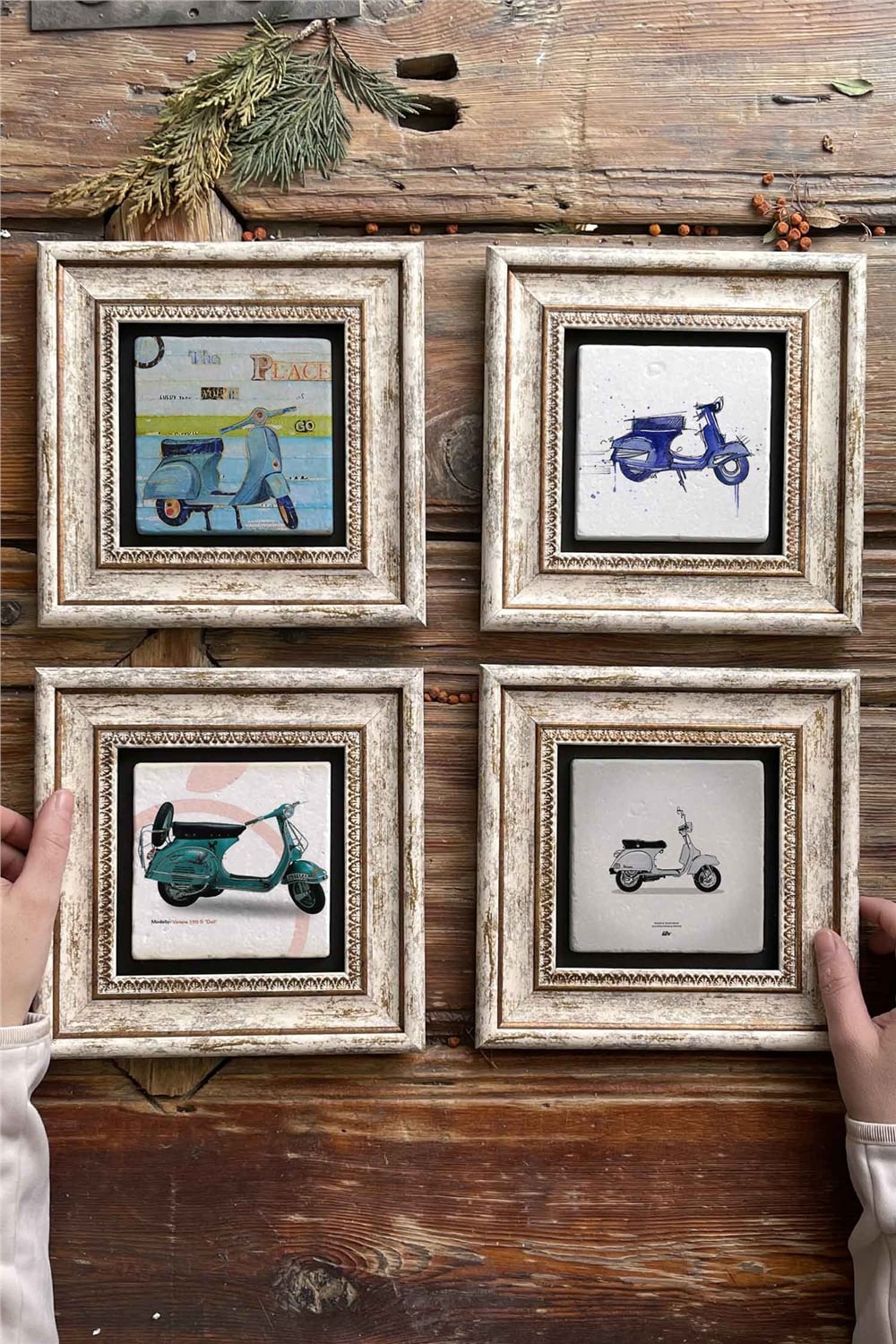 Oscar Stone Decor Çerçeveli Taş Tablo Duvar Dekoru 20x20cm 4'lü Set Vespa Set