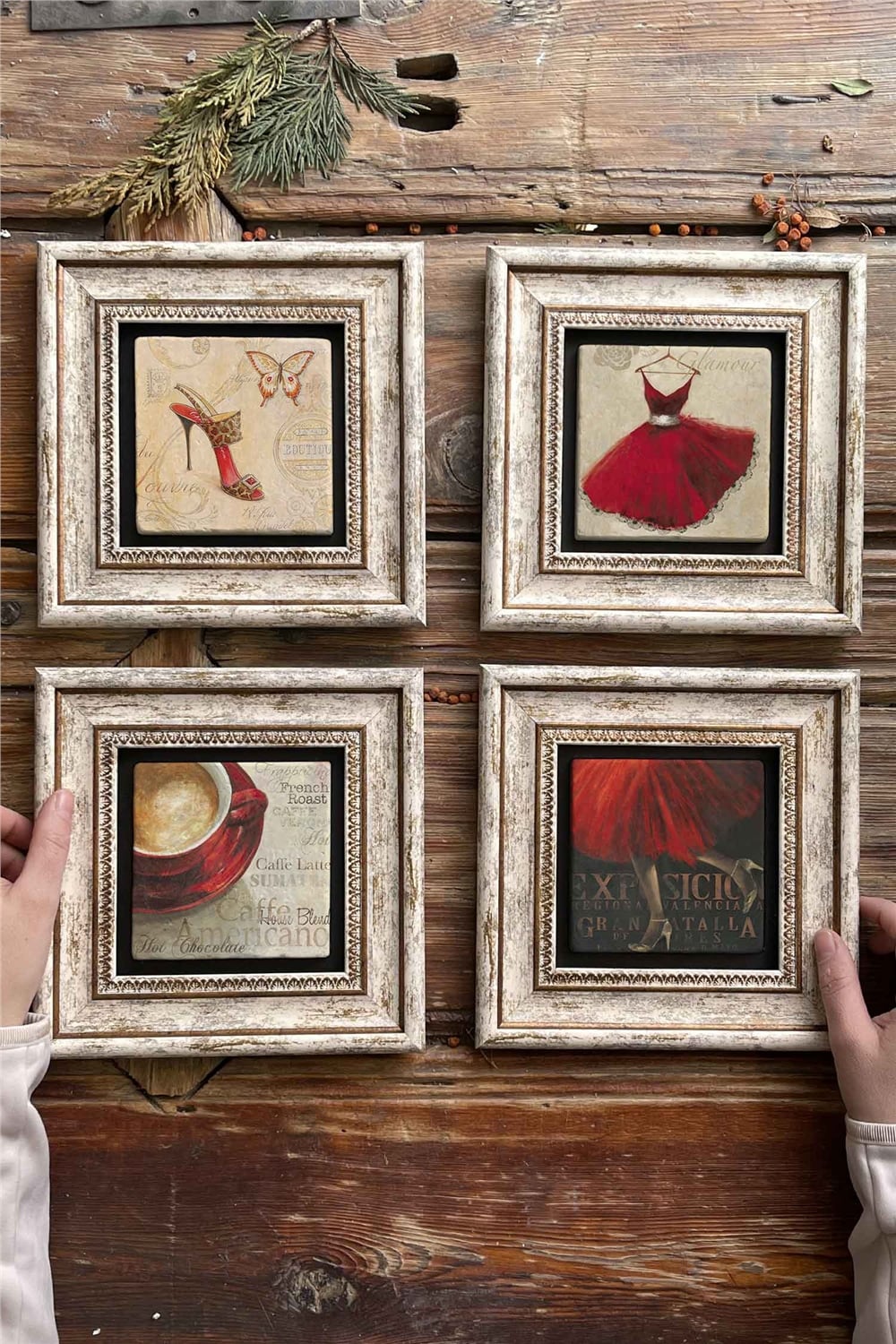 Oscar Stone Decor Çerçeveli Taş Tablo Duvar Dekoru 20x20cm 4'lü Set Red Set Kırmızı