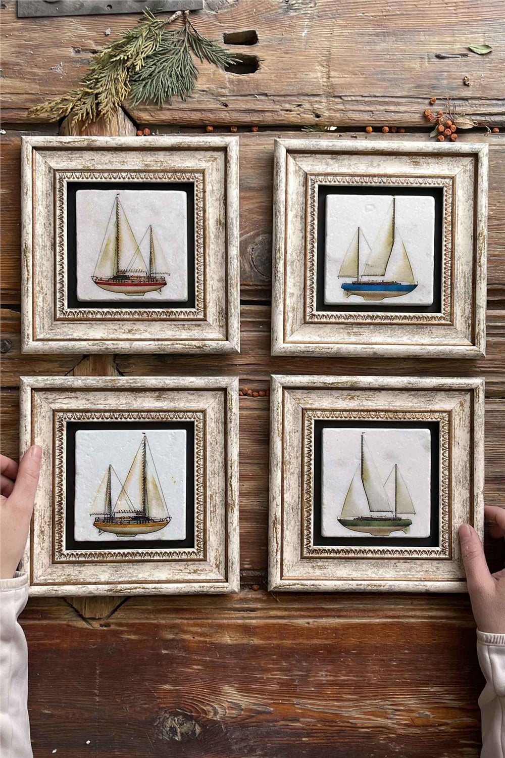 Oscar Stone Decor Çerçeveli Taş Tablo Duvar Dekoru 20x20cm 4'lü Set Yelkenli Seti