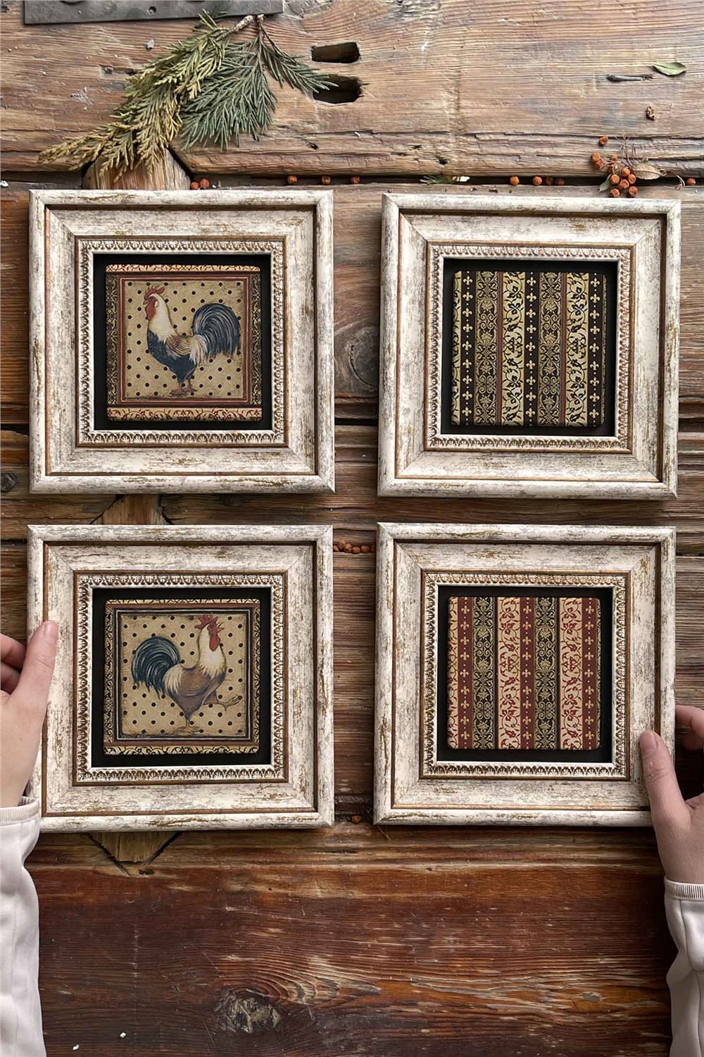 Oscar Stone Decor Çerçeveli Taş Tablo Duvar Dekoru 20x20cm 4'lü Set Horoz Seti