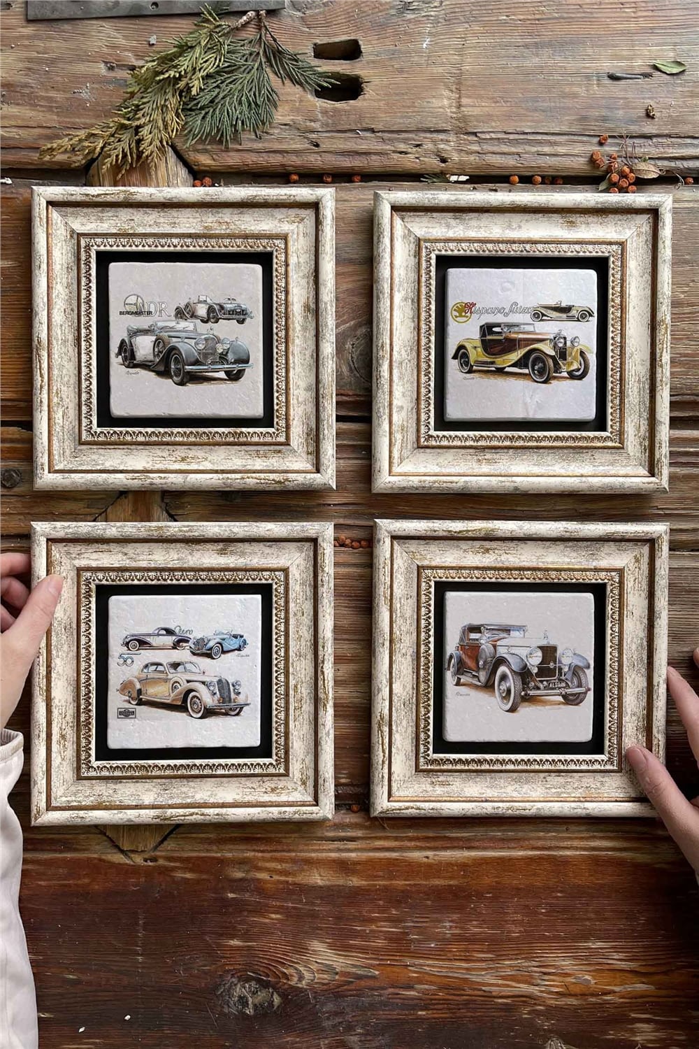 Oscar Stone Decor Çerçeveli Taş Tablo Duvar Dekoru 20x20cm 4'lü Set Classic Cars Klasik Arabalar