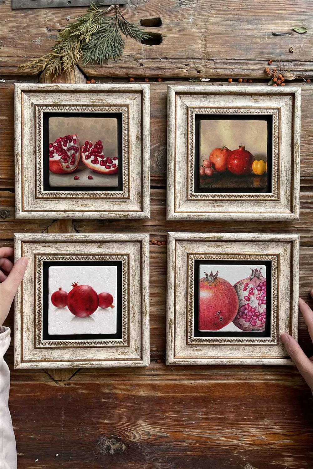 Oscar Stone Decor Çerçeveli Taş Tablo Duvar Dekoru 20x20cm 4'lü Set Nar Seti
