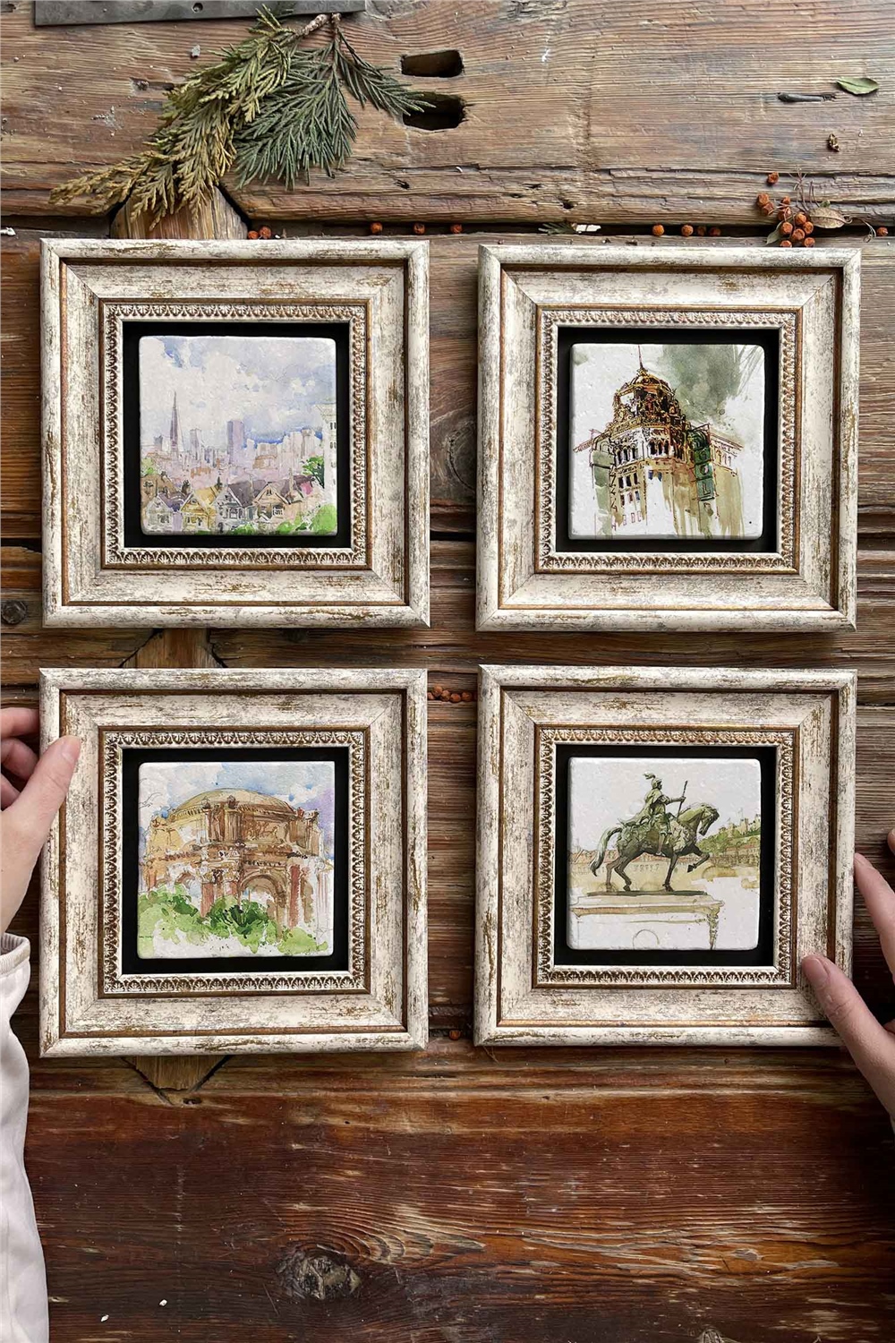 Oscar Stone Decor Çerçeveli Taş Tablo Duvar Dekoru 20x20cm 4'lü Set Water Color Sulu Boya Tablo Set
