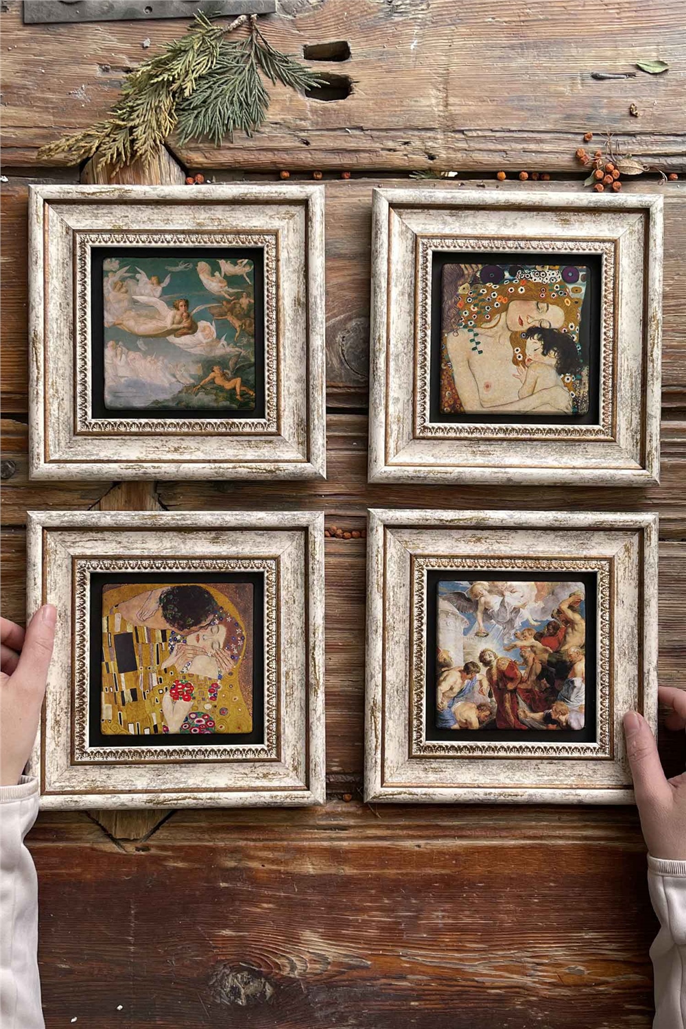 Oscar Stone Decor Çerçeveli Taş Tablo Duvar Dekoru 20x20cm 4'lü Set Gustav Klimt Tabloları Rönesans