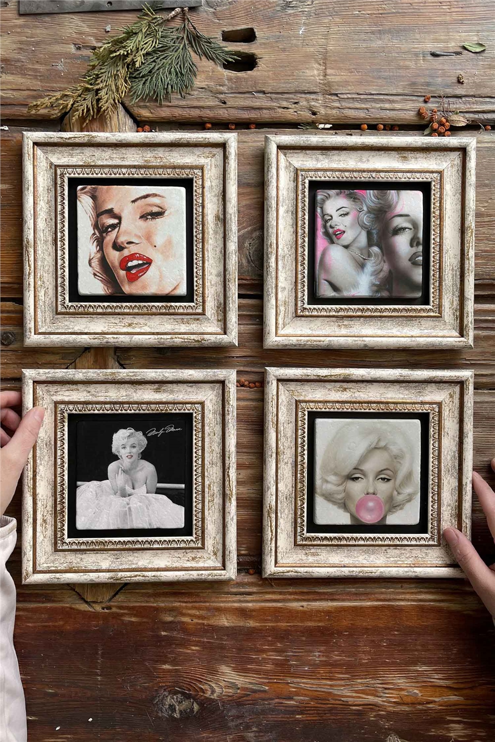 Oscar Stone Decor Çerçeveli Taş Tablo Duvar Dekoru 20x20cm 4'lü Set Marilyn Monreo Set