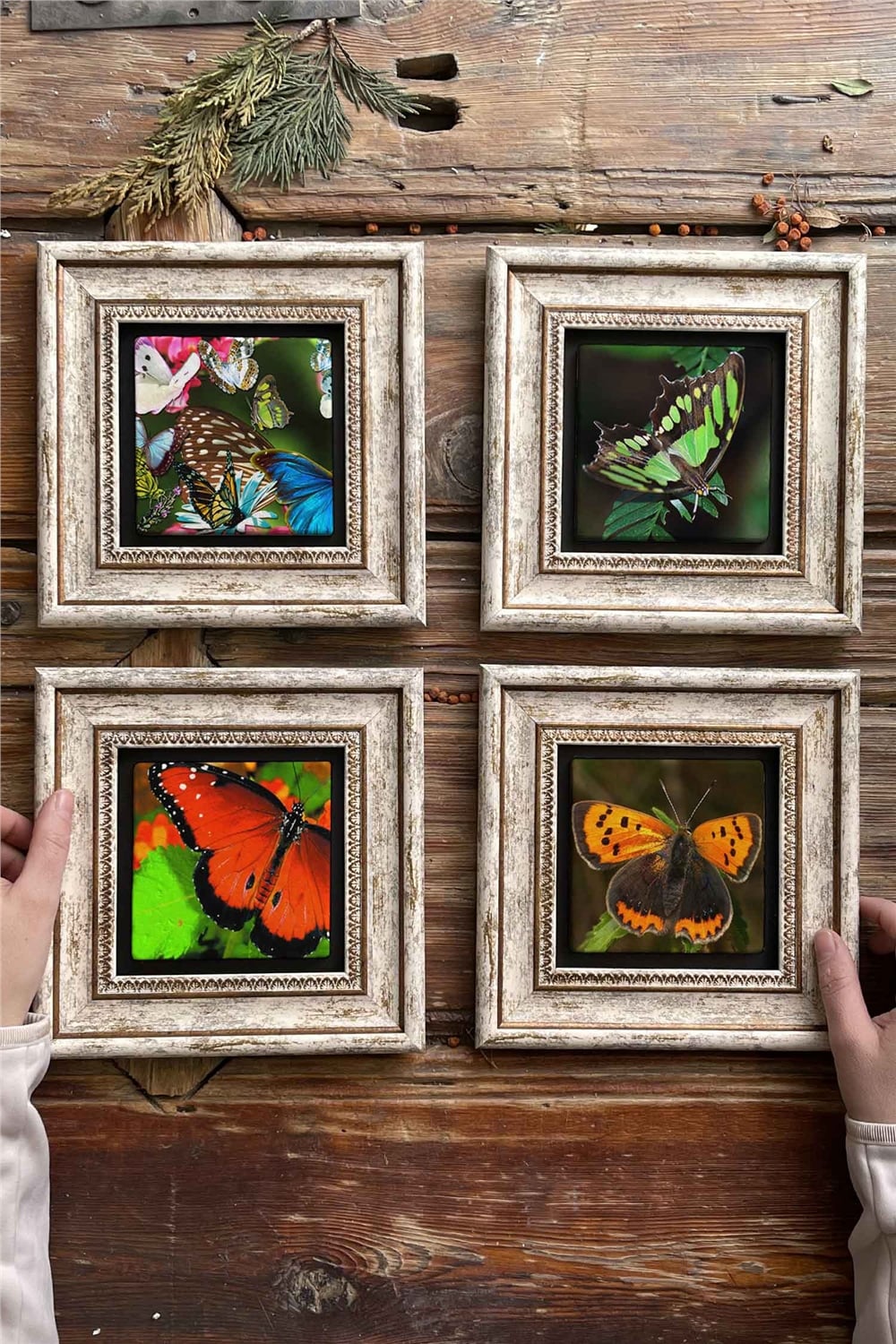 Oscar Stone Decor Çerçeveli Taş Tablo Duvar Dekoru 20x20cm 4'lü Set Kelebek Butterfly Set