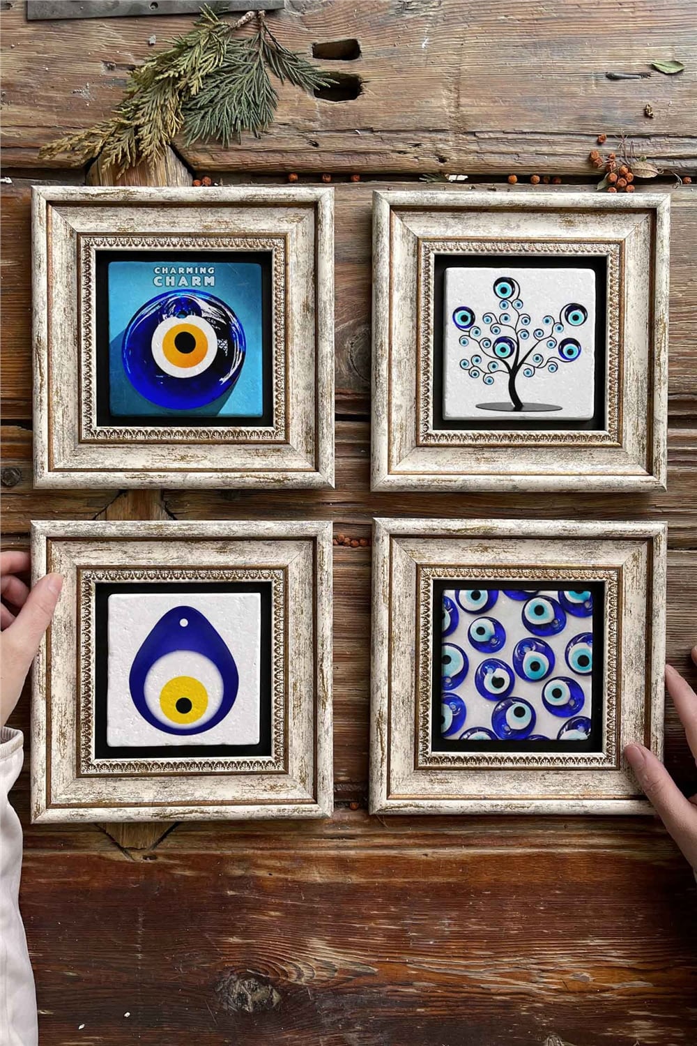 Oscar Stone Decor Çerçeveli Taş Tablo Duvar Dekoru 20x20cm 4'lü Set Nazar Boncuğu Seti
