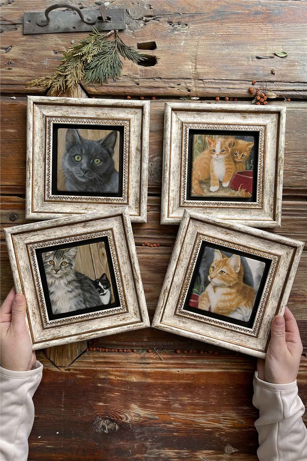 Oscar Stone Decor Çerçeveli Taş Tablo Duvar Dekoru 20x20cm 4'lü Set Kedi Seti Cat Set
