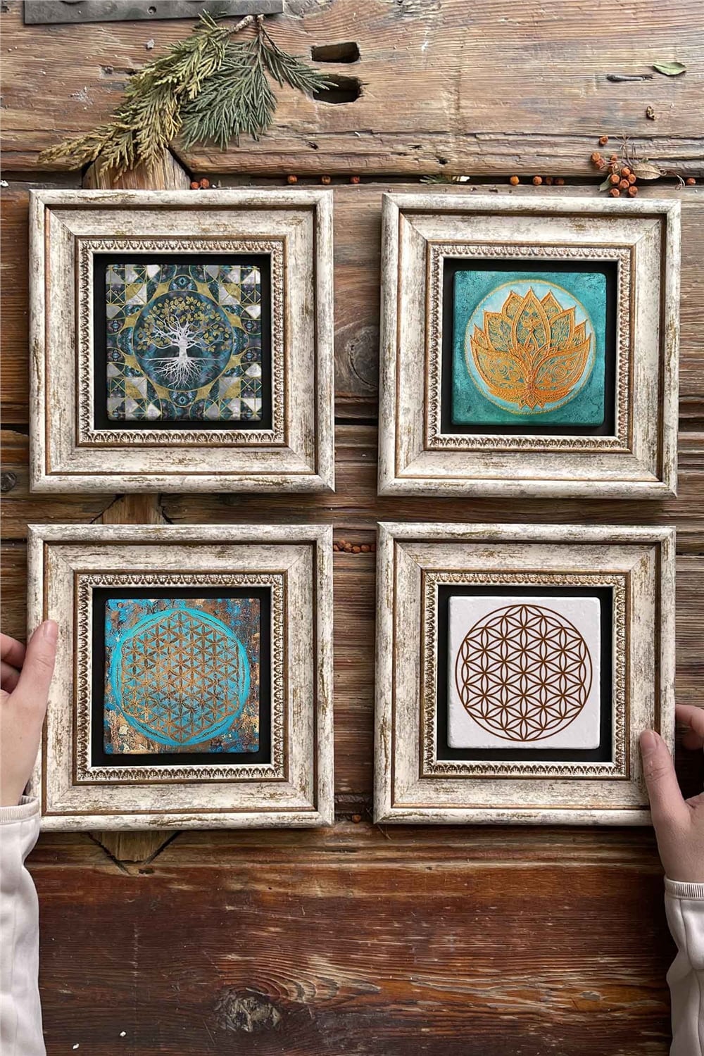 Oscar Stone Decor Çerçeveli Taş Tablo Duvar Dekoru 20x20cm 4'lü Set Lotus Yaşam Çiçeği
