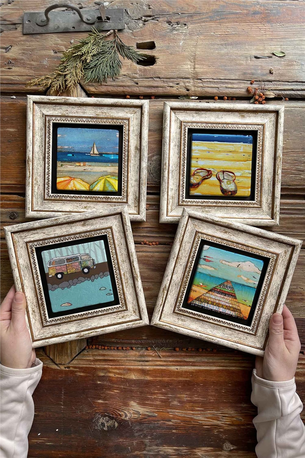 Oscar Stone Decor Çerçeveli Taş Tablo Duvar Dekoru 20x20cm 4'lü Set Sahil Resimleri