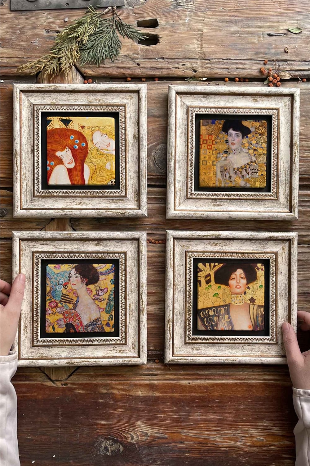 Oscar Stone Decor Çerçeveli Taş Tablo Duvar Dekoru 20x20cm 4'lü Set Gustav Klimt Tabloları