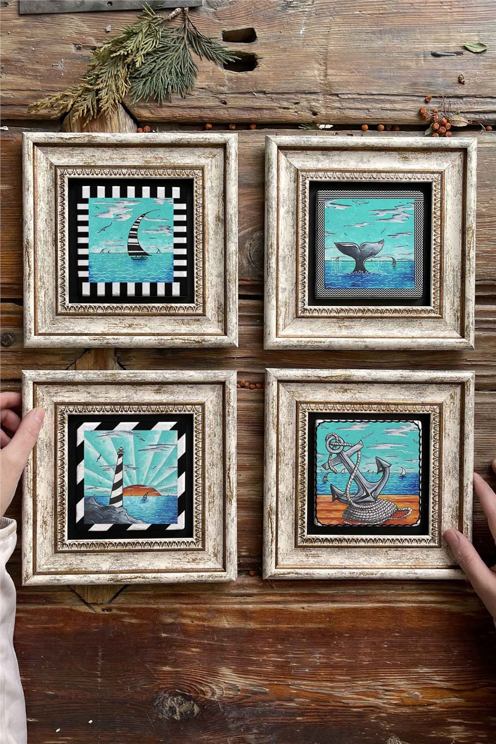 Oscar Stone Decor Çerçeveli Taş Tablo Duvar Dekoru 20x20cm 4'lü Set Deniz Çapa Balina Set