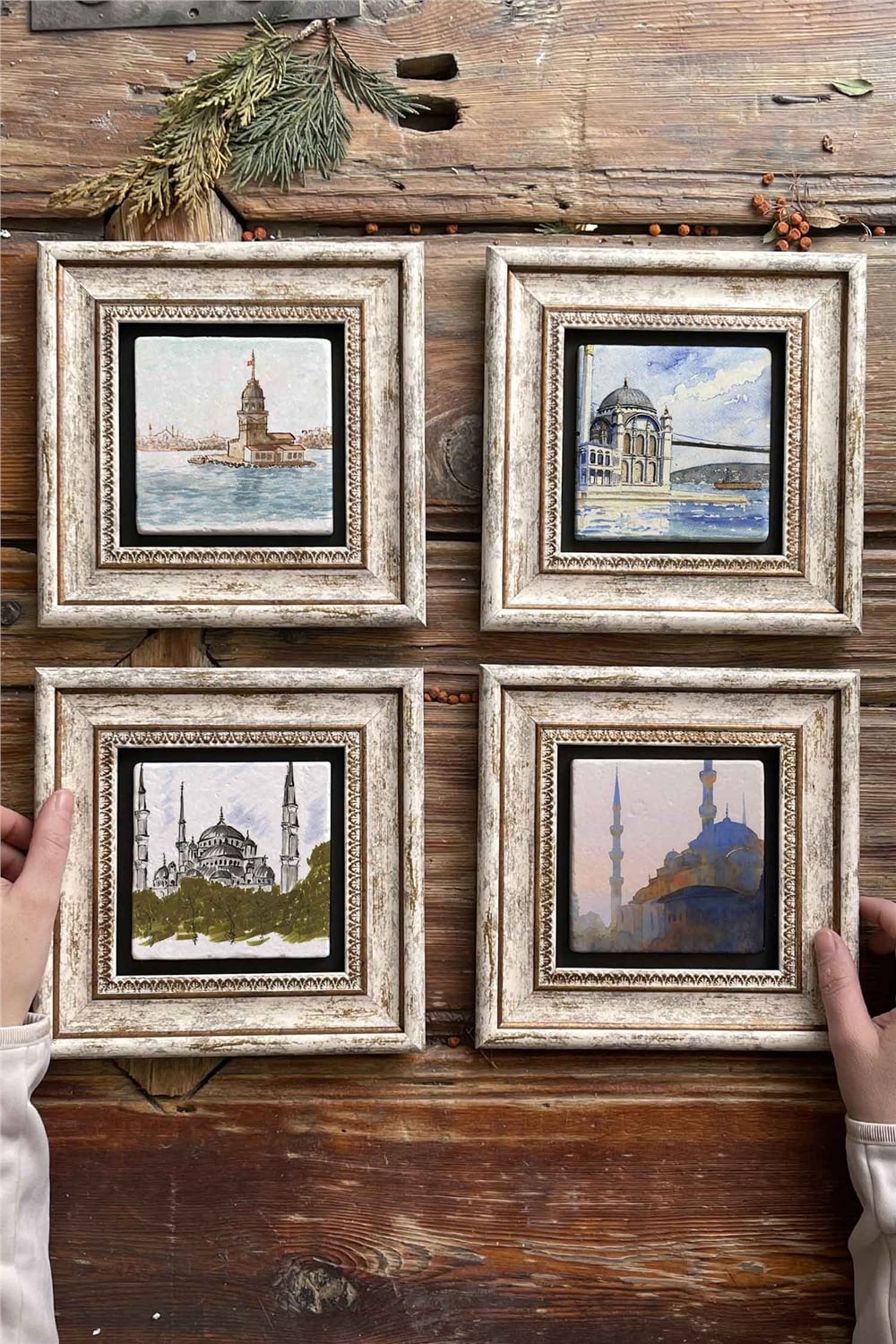 Oscar Stone Decor Çerçeveli Taş Tablo Duvar Dekoru 20x20cm 4'lü Set Eski İstanbul Tabloları Manzara
