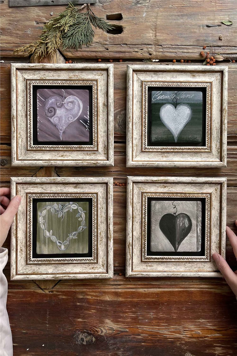 Oscar Stone Decor Çerçeveli Taş Tablo Duvar Dekoru 20x20cm 4'lü Set Heart Kalp Seti