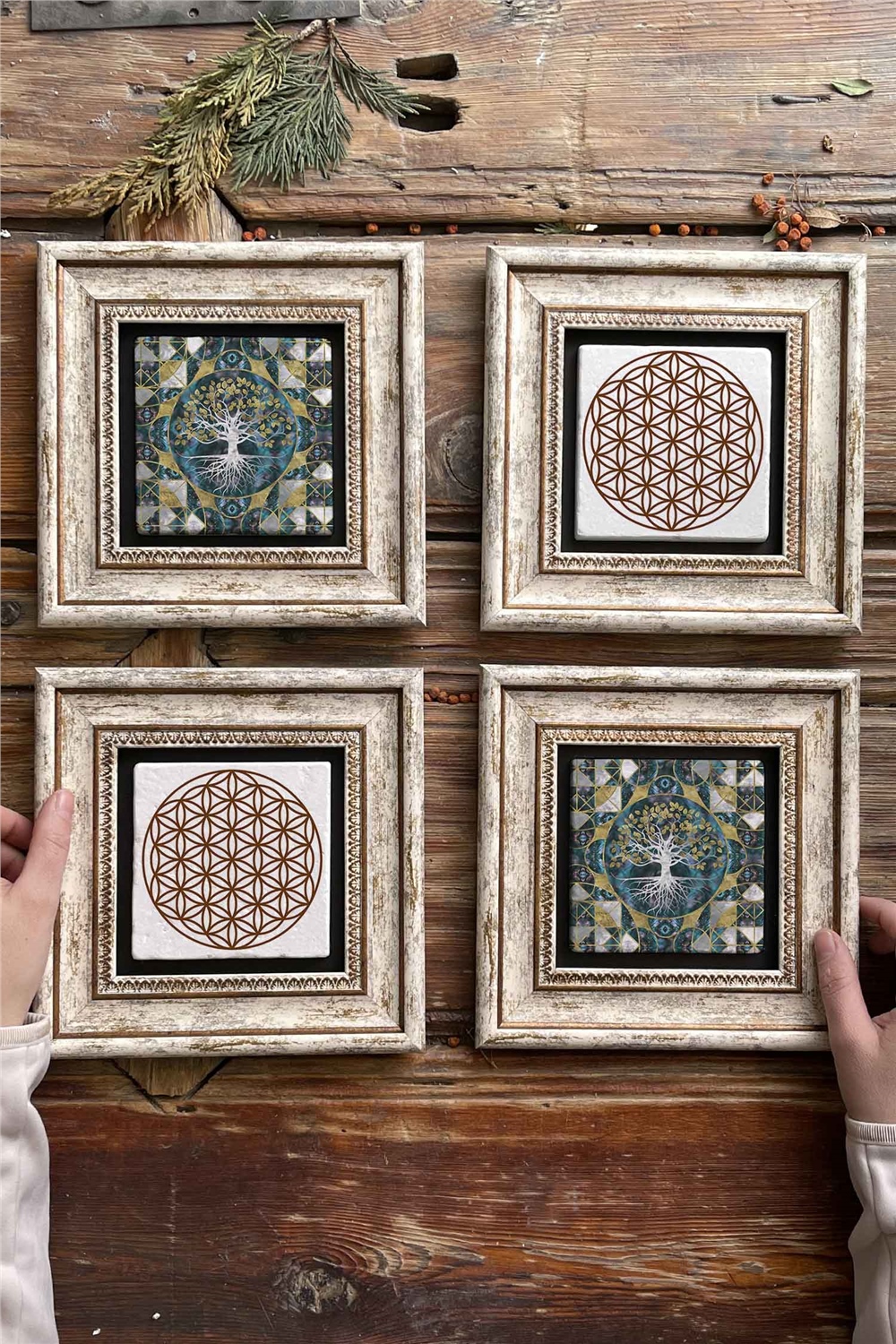 Oscar Stone Decor Çerçeveli Taş Tablo Duvar Dekoru 20x20cm 4'lü Set Hayat Ağacı Yaşam Çiçeği