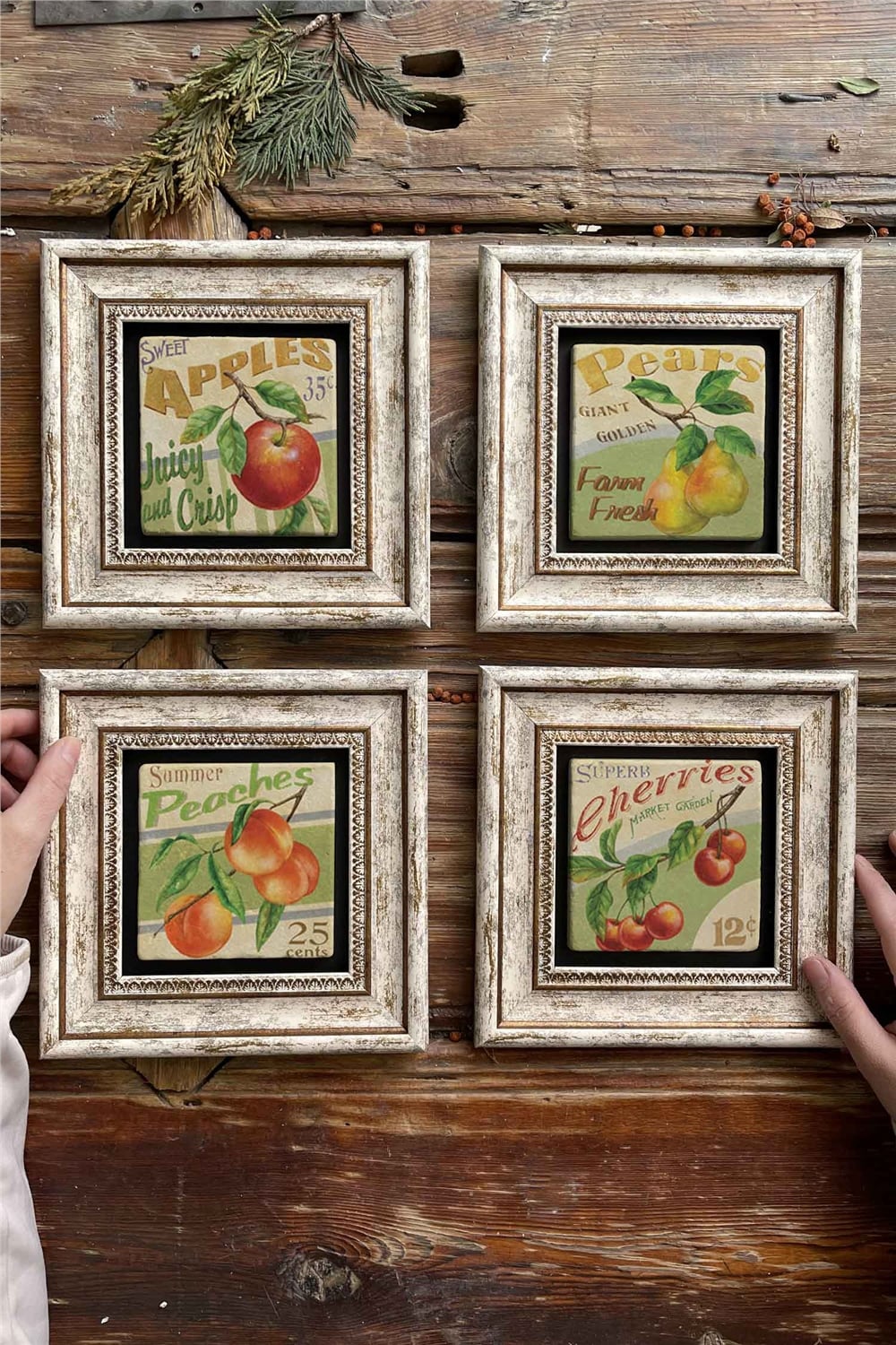 Oscar Stone Decor Çerçeveli Taş Tablo Duvar Dekoru 20x20cm 4'lü Set Meyveler Şeftali