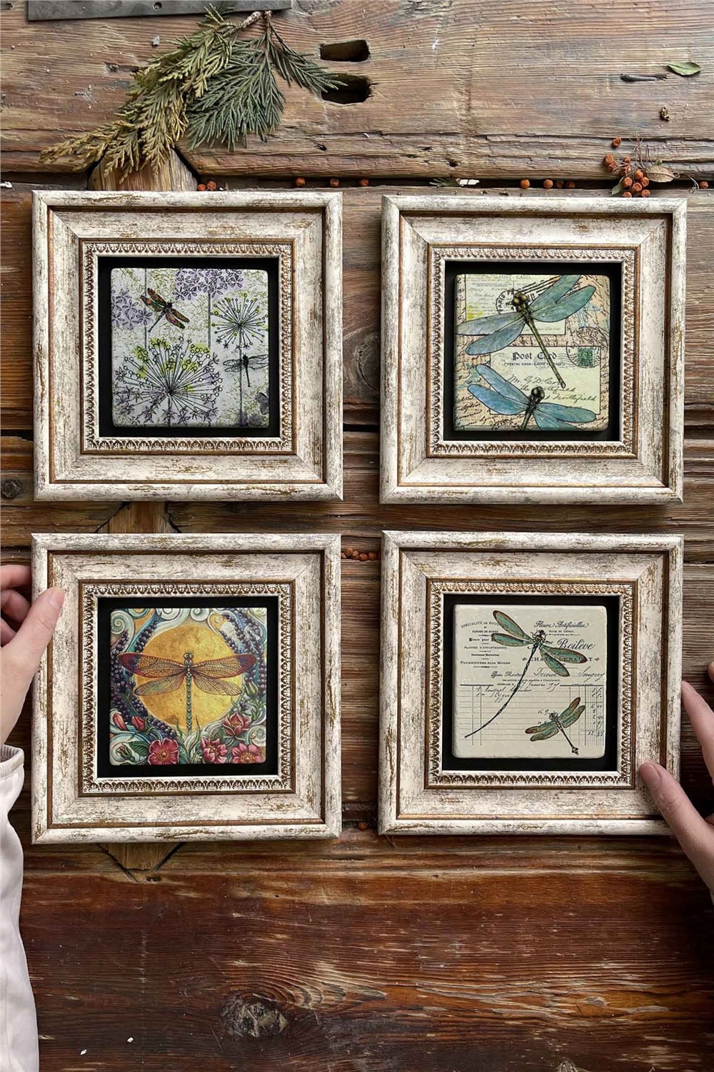 Oscar Stone Decor Çerçeveli Taş Tablo Duvar Dekoru 20x20cm 4'lü Set
