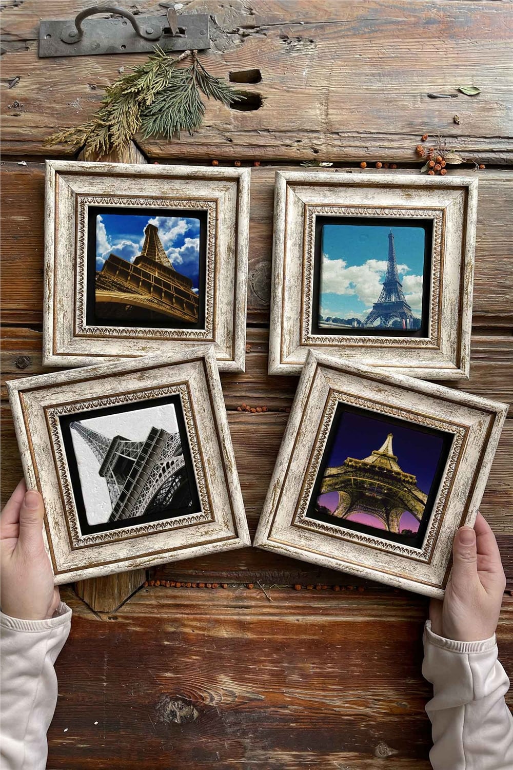 Oscar Stone Decor Çerçeveli Taş Tablo Duvar Dekoru 20x20cm 4'lü Set Eyfel Kulesi Eiffel Tower Paris