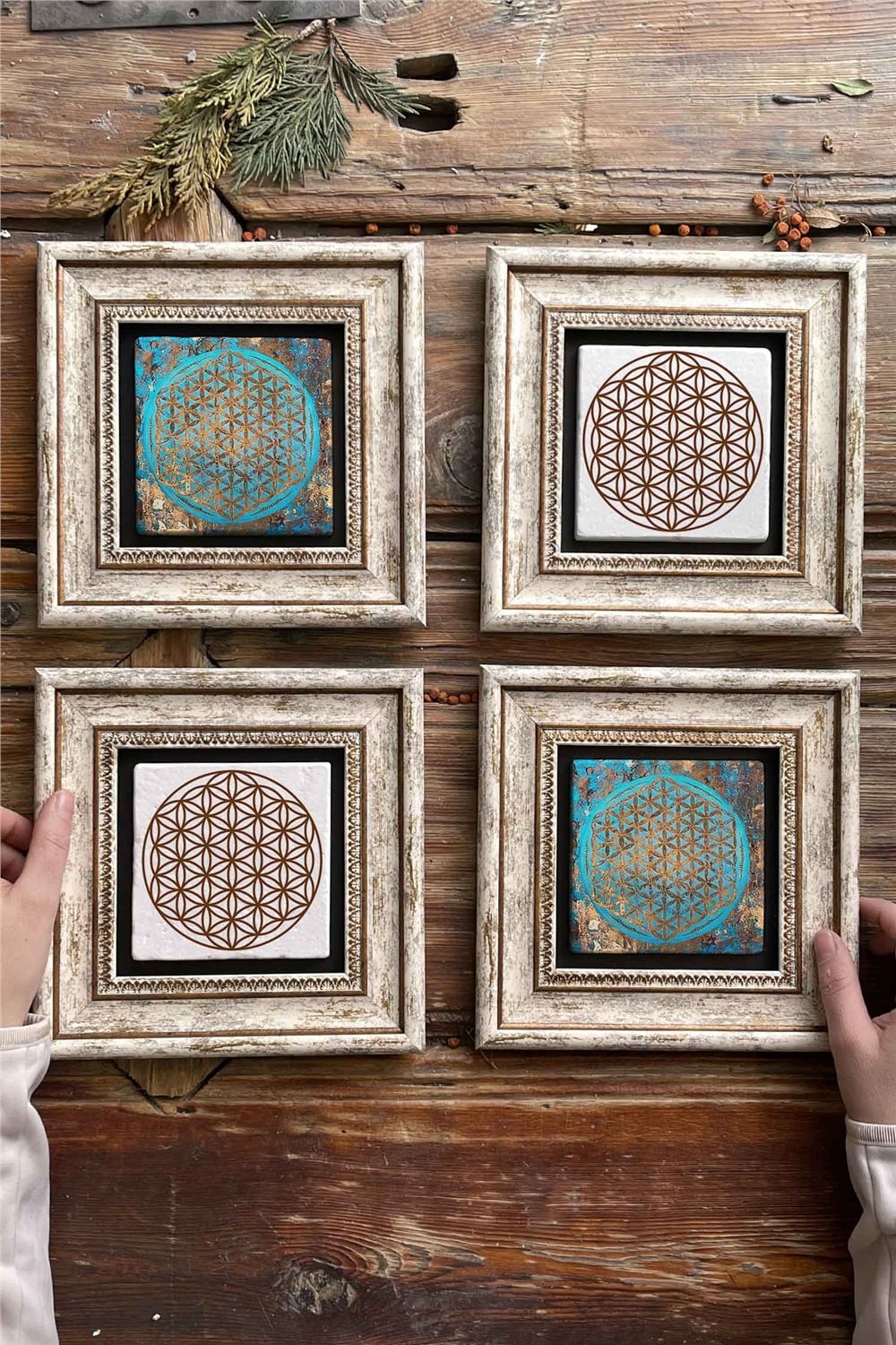 Oscar Stone Decor Çerçeveli Taş Tablo Duvar Dekoru 20x20cm 4'lü Set Yaşam Çiçeği Seti