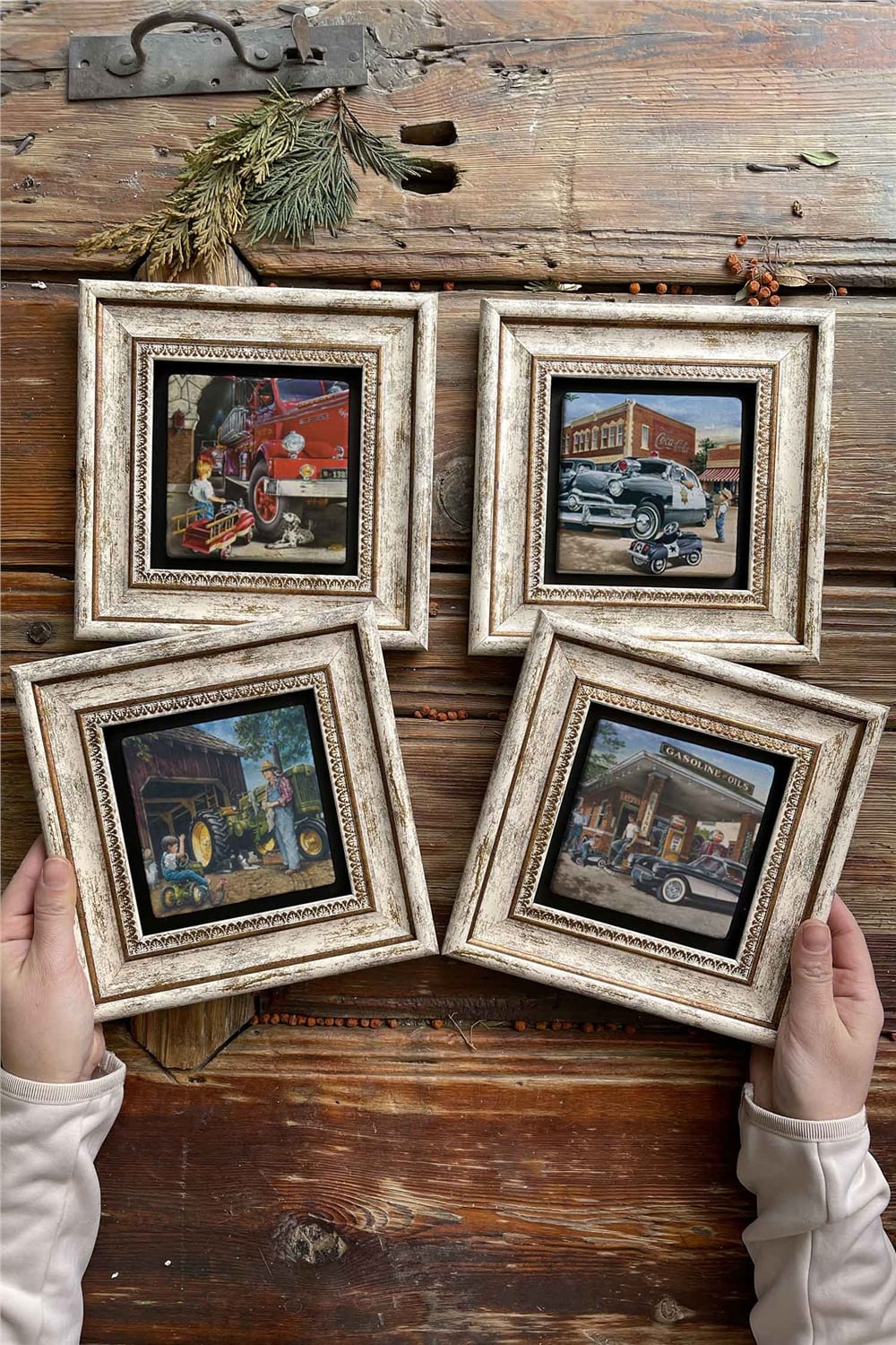 Oscar Stone Decor Çerçeveli Taş Tablo Duvar Dekoru 20x20cm 4'lü Set