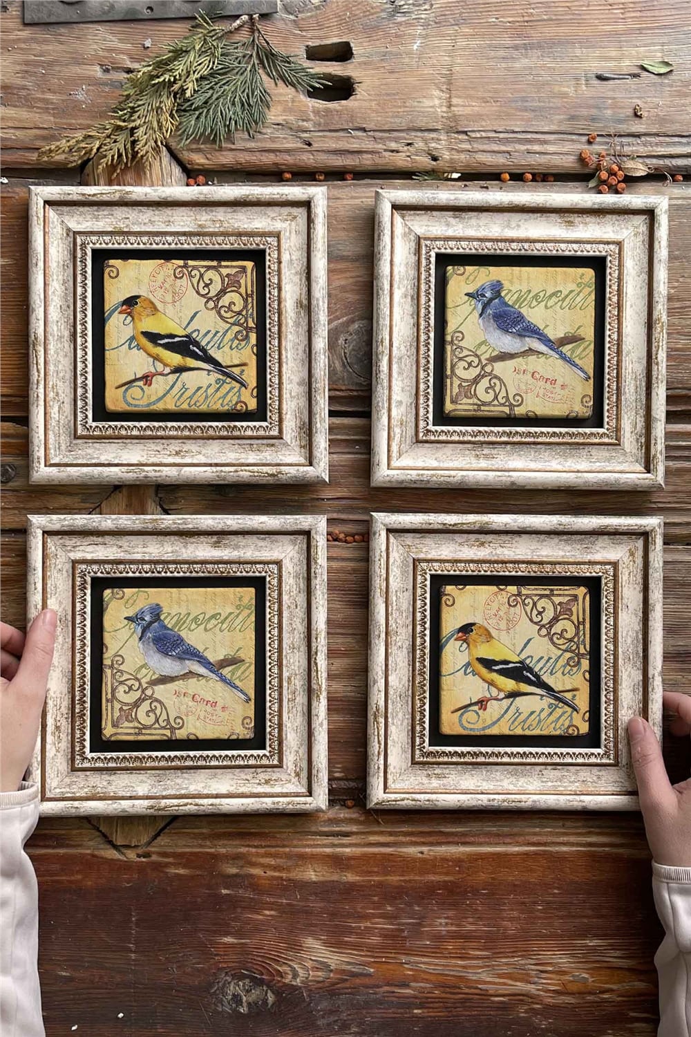 Oscar Stone Decor Çerçeveli Taş Tablo Duvar Dekoru 20x20cm 4'lü Set Kuş Seti