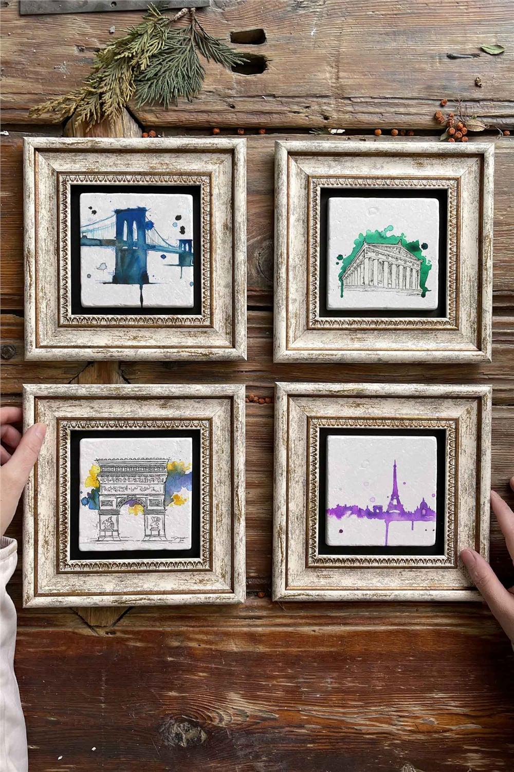 Oscar Stone Decor Çerçeveli Taş Tablo Duvar Dekoru 20x20cm 4'lü Set Water Color Sulu Boya Tablo Set
