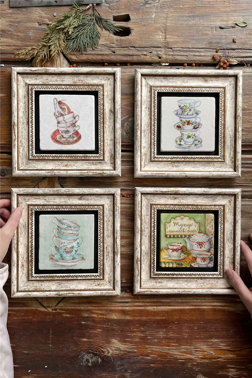 Oscar Stone Decor Çerçeveli Taş Tablo Duvar Dekoru 20x20cm 4'lü Set