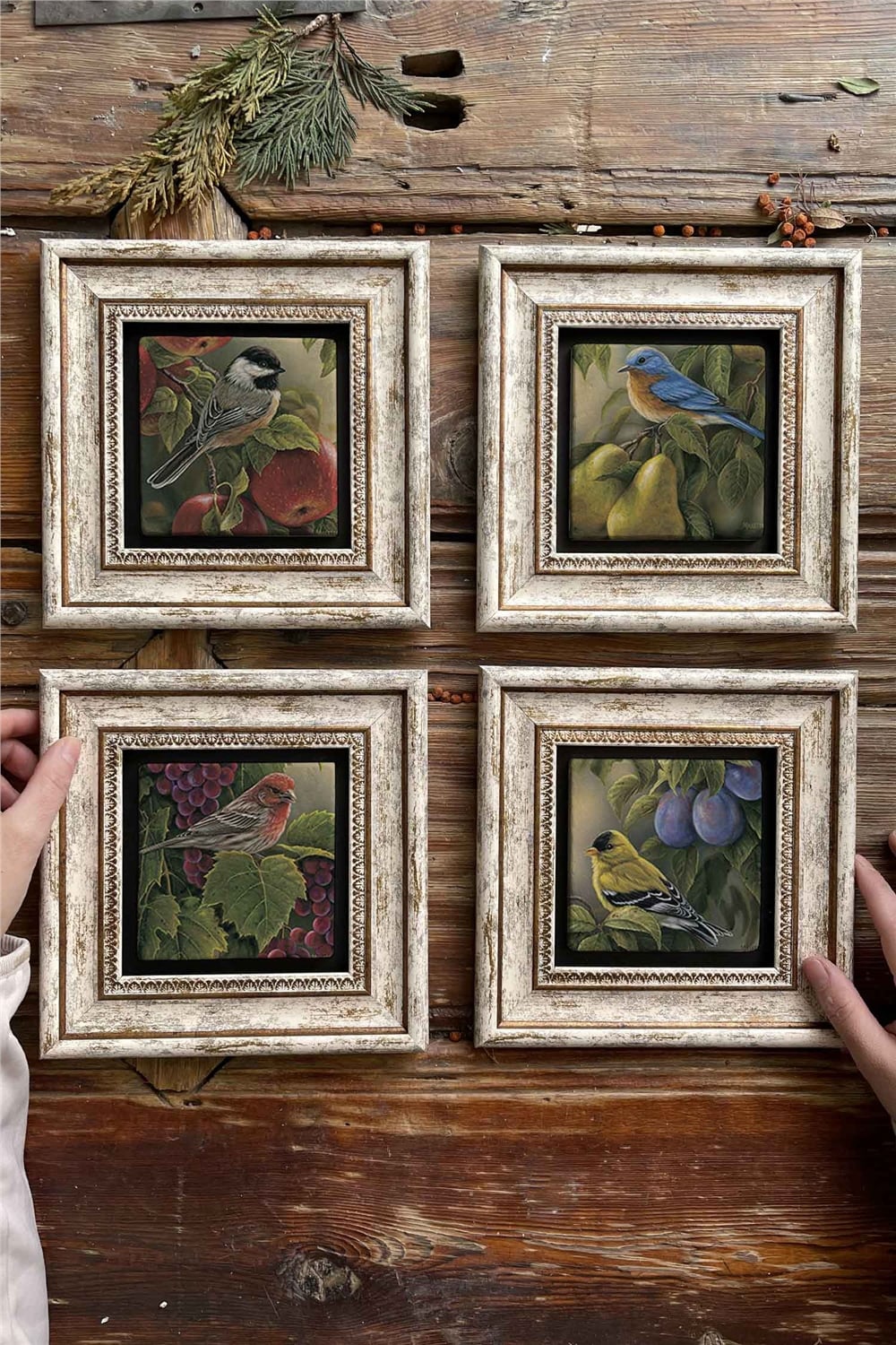 Oscar Stone Decor Çerçeveli Taş Tablo Duvar Dekoru 20x20cm 4'lü Set Bird Set