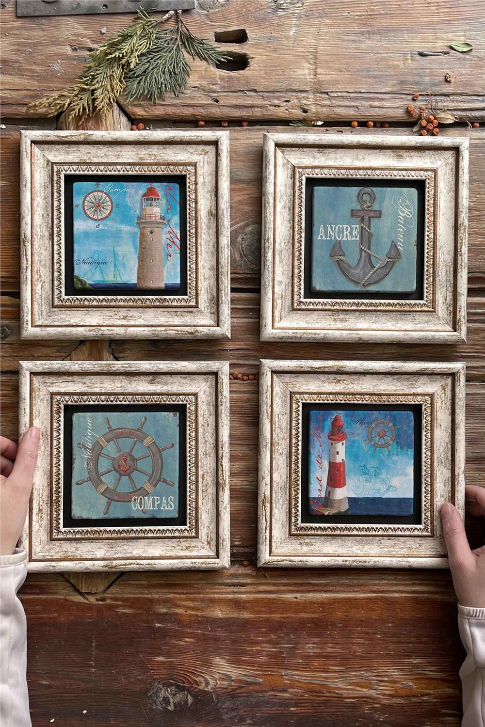 Oscar Stone Decor Çerçeveli Taş Tablo Duvar Dekoru 20x20cm 4'lü Set Ancre Compas Sea Set