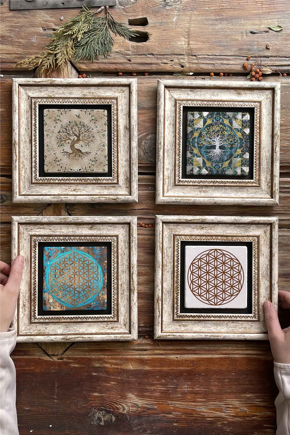 Oscar Stone Decor Çerçeveli Taş Tablo Duvar Dekoru 20x20cm 4'lü Set Hayat Ağacı Yaşam Çiçeği