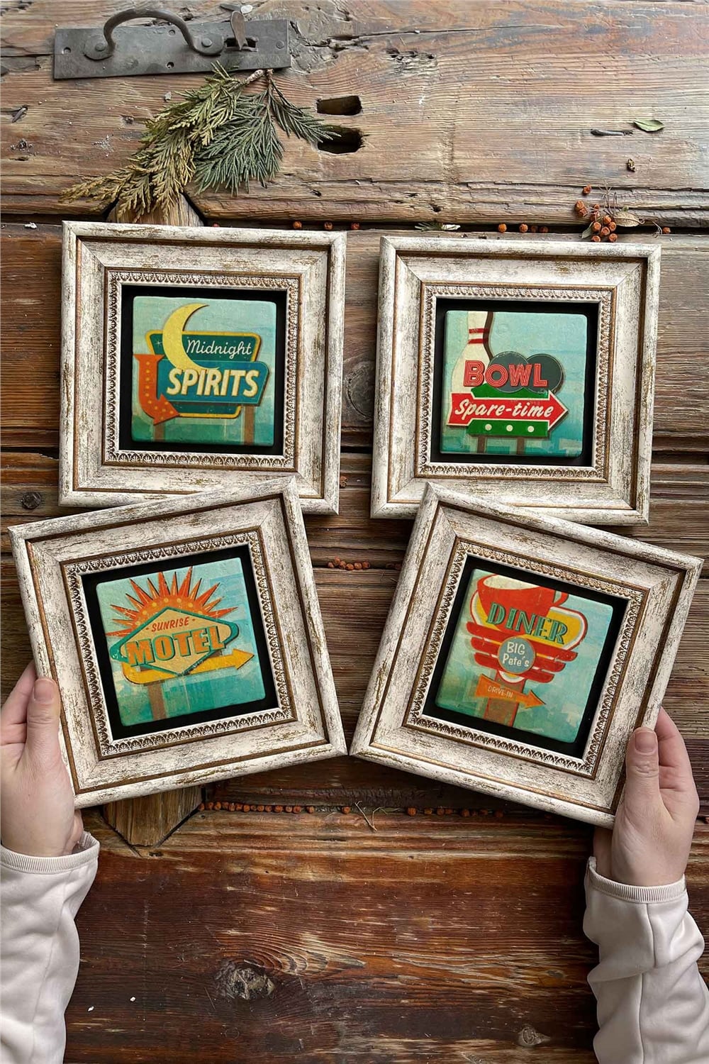 Oscar Stone Decor Çerçeveli Taş Tablo Duvar Dekoru 20x20cm 4'lü Set Motel Diner Bowling