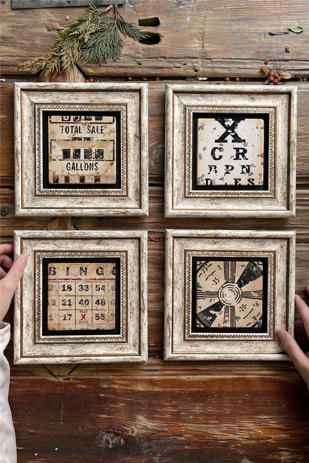 Oscar Stone Decor Çerçeveli Taş Tablo Duvar Dekoru 20x20cm 4'lü Set