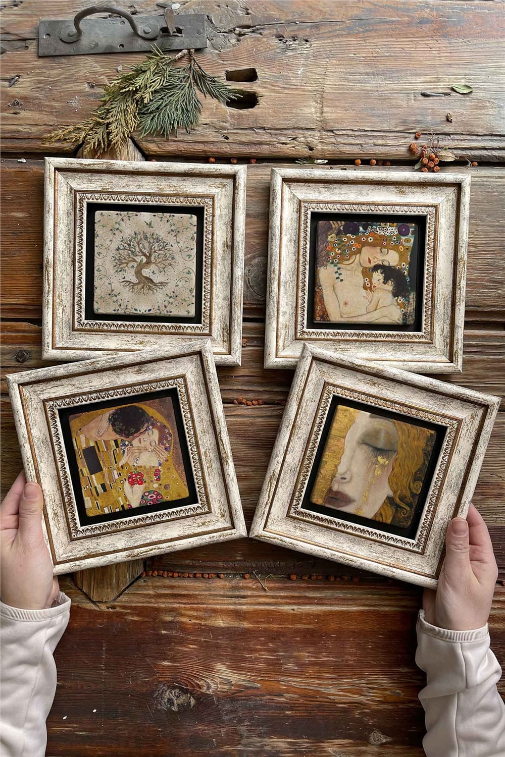 Oscar Stone Decor Çerçeveli Taş Tablo Duvar Dekoru 20x20cm 4'lü Set Gustav Klimt Hayat Ağacı