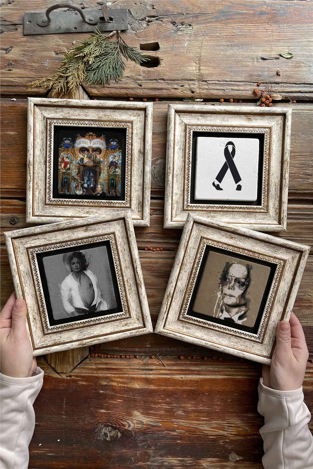 Oscar Stone Decor Çerçeveli Taş Tablo Duvar Dekoru 20x20cm 4'lü Set Michael Jackson Set