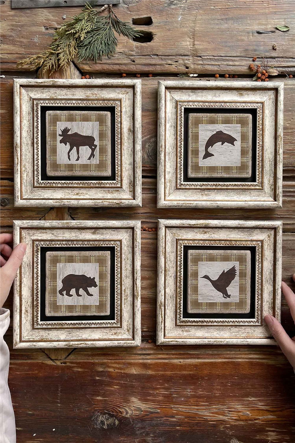 Oscar Stone Decor Çerçeveli Taş Tablo Duvar Dekoru 20x20cm 4'lü Set Hayvan Seti