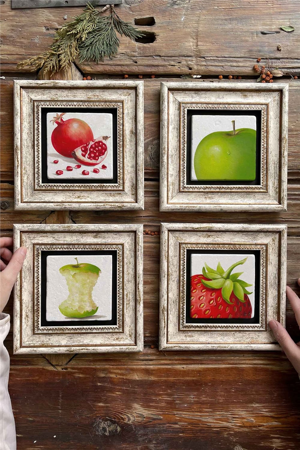 Oscar Stone Decor Çerçeveli Taş Tablo Duvar Dekoru 20x20cm 4'lü Set Elma Çilek Hediye Seti