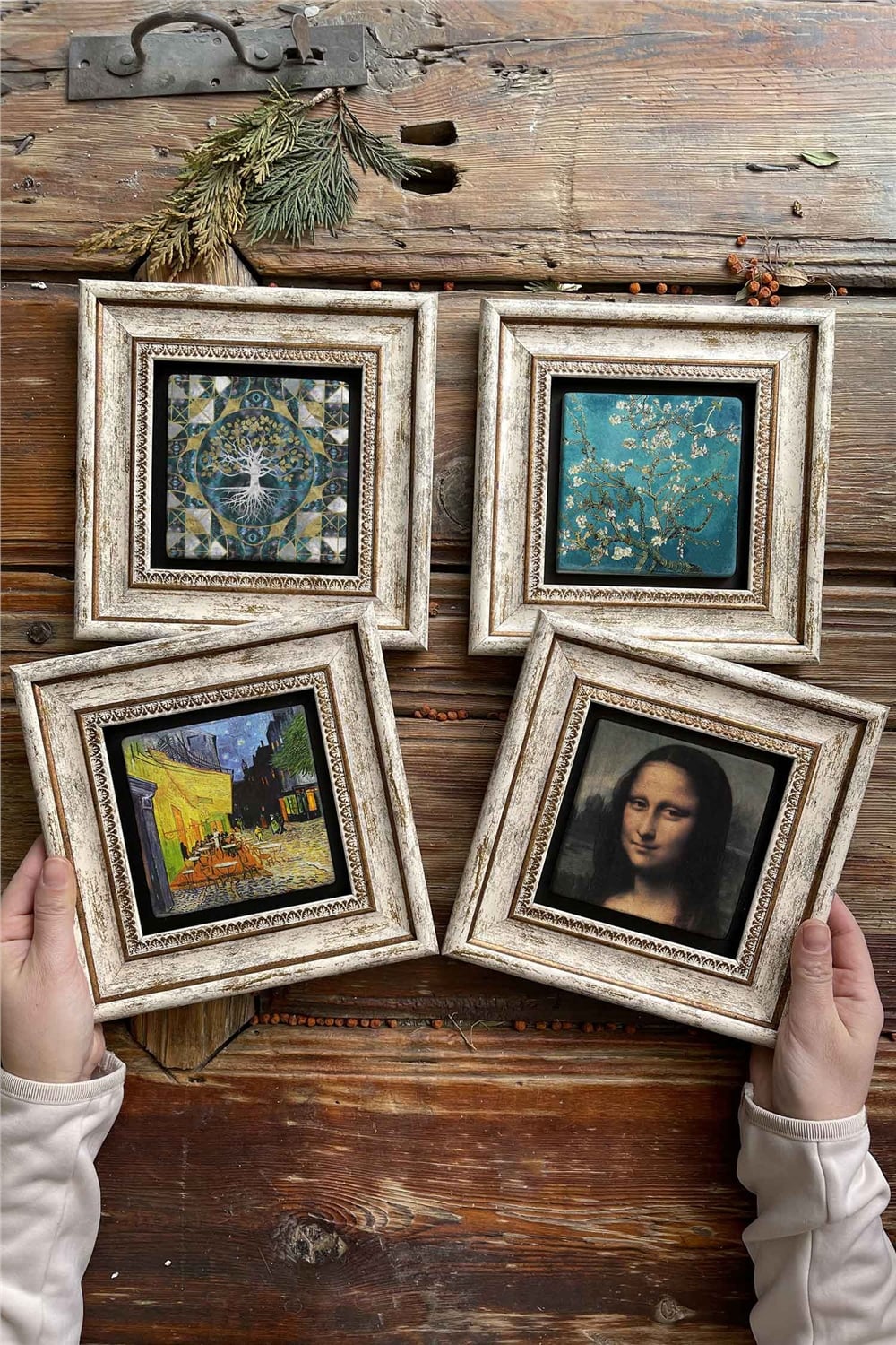 Oscar Stone Decor Çerçeveli Taş Tablo Duvar Dekoru 20x20cm 4'lü Set Van Gogh Tabloları Rönesans