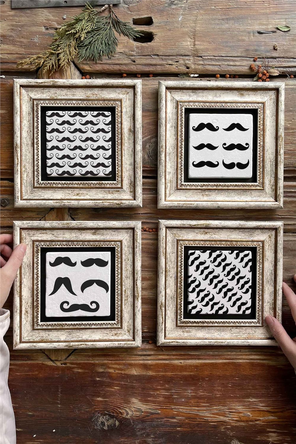 Oscar Stone Decor Çerçeveli Taş Tablo Duvar Dekoru 20x20cm 4'lü Set Bıyık Seti