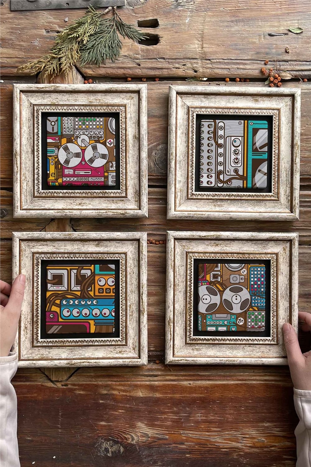 Oscar Stone Decor Çerçeveli Taş Tablo Duvar Dekoru 20x20cm 4'lü Set Dj Seti