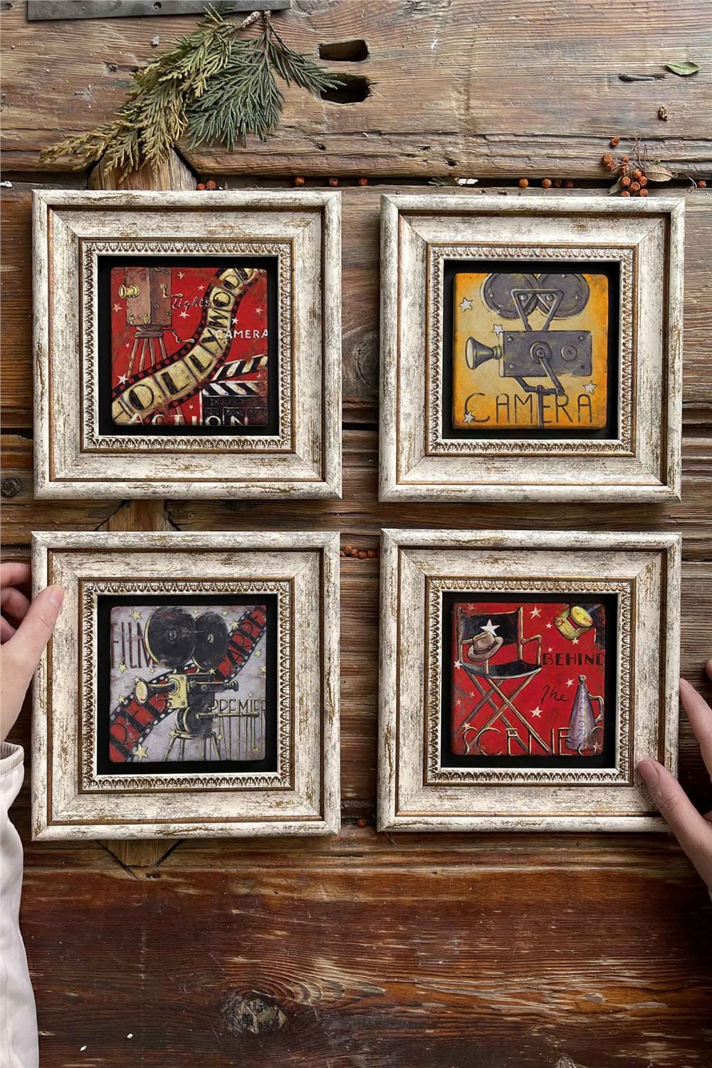 Oscar Stone Decor Çerçeveli Taş Tablo Duvar Dekoru 20x20cm 4'lü Set
