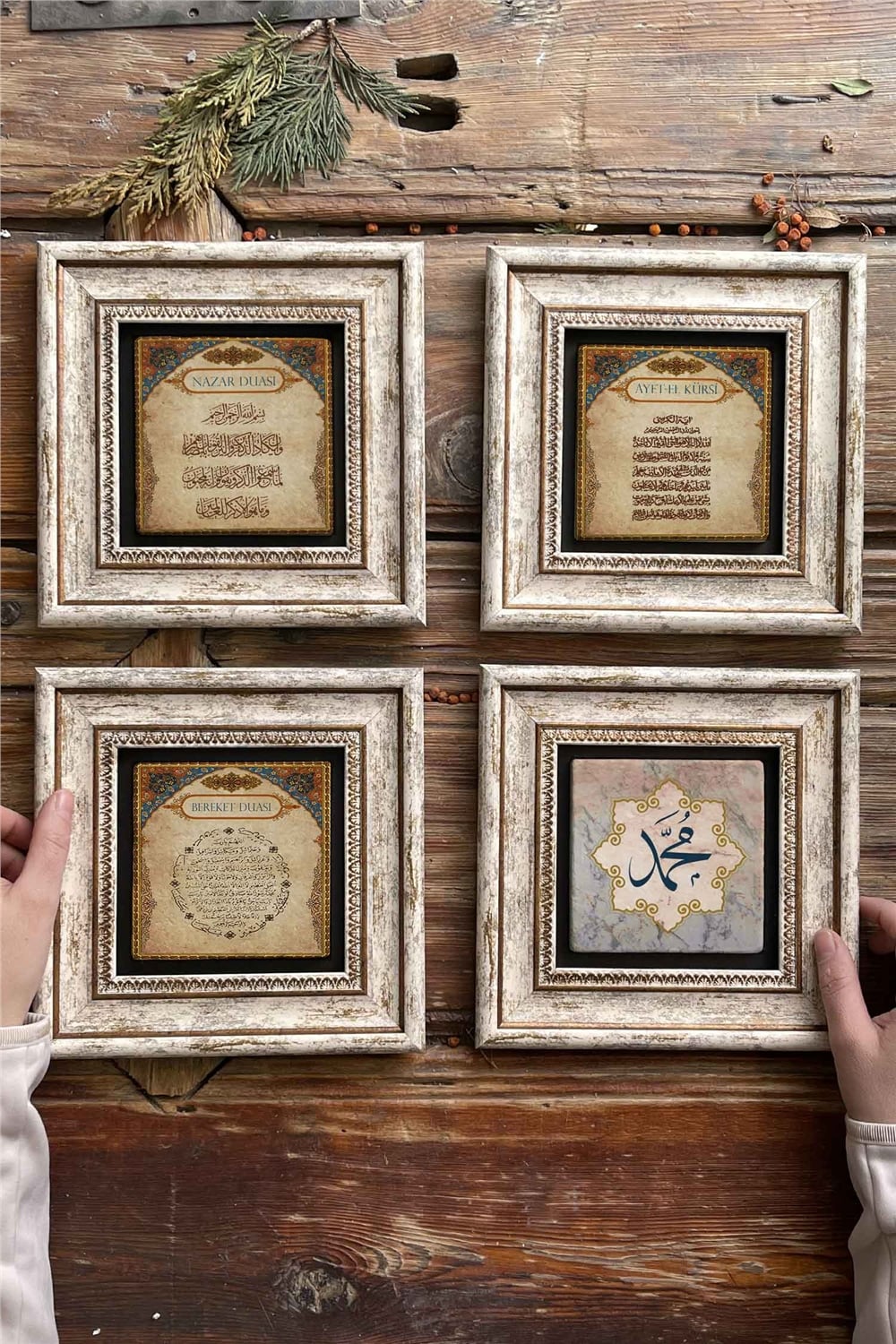 Oscar Stone Decor Çerçeveli Taş Tablo 20x20cm 4'lü Set(464-463-462-345)Nazar Ayet Bereket Muhammed