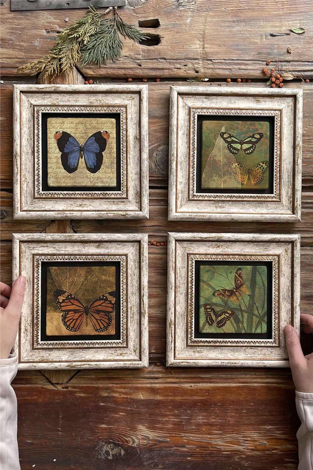 Oscar Stone Decor Çerçeveli Taş Tablo Duvar Dekoru 20x20cm 4'lü Set Kelebek Butterfly Set