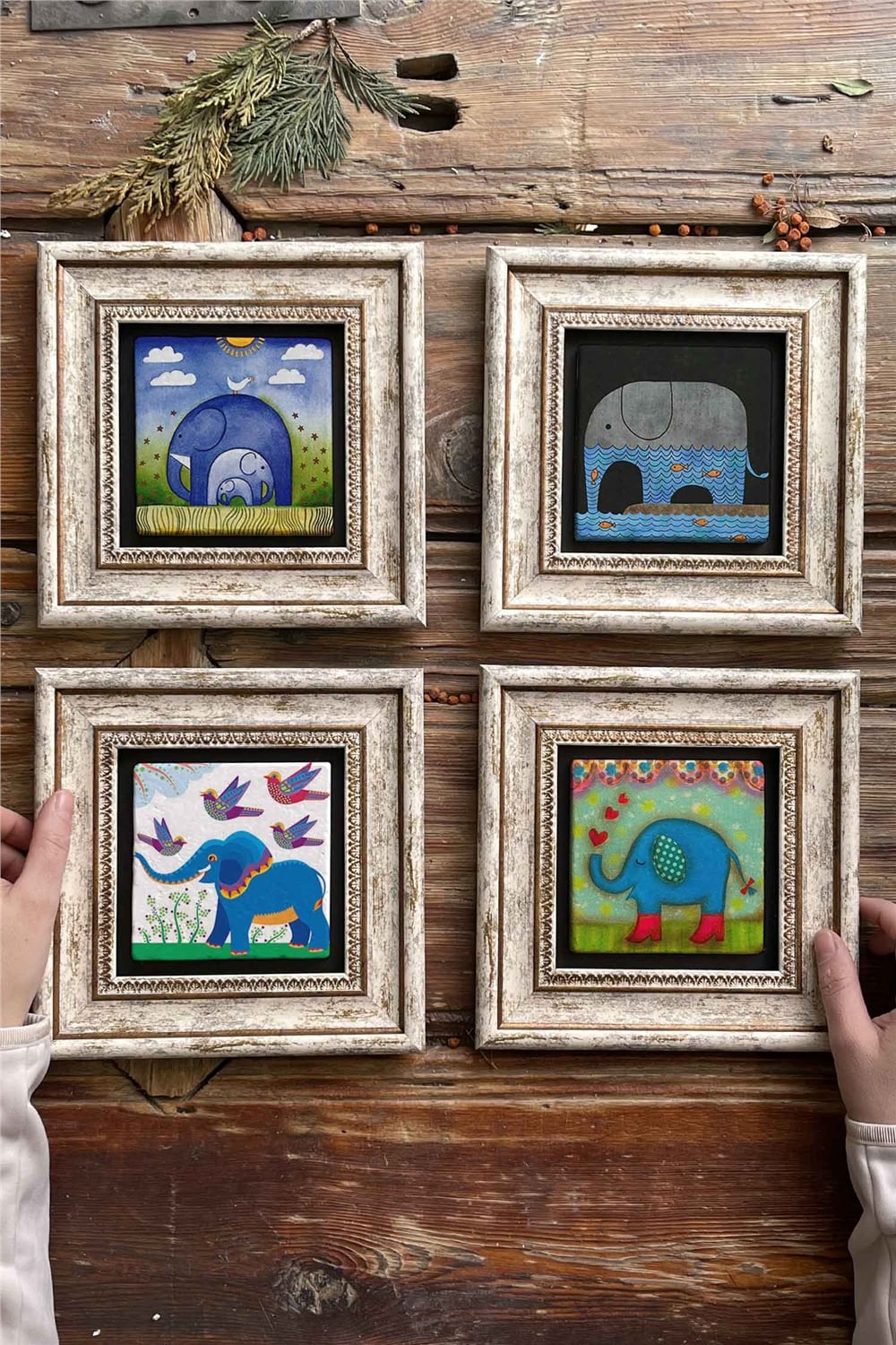 Oscar Stone Decor Çerçeveli Taş Tablo Duvar Dekoru 20x20cm 4'lü Set Fil Seti