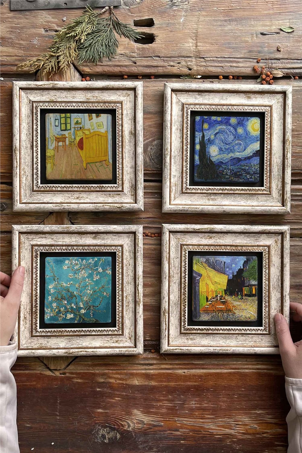 Oscar Stone Decor Çerçeveli Taş Tablo Duvar Dekoru 20x20cm 4'lü Set Van Gogh Tabloları