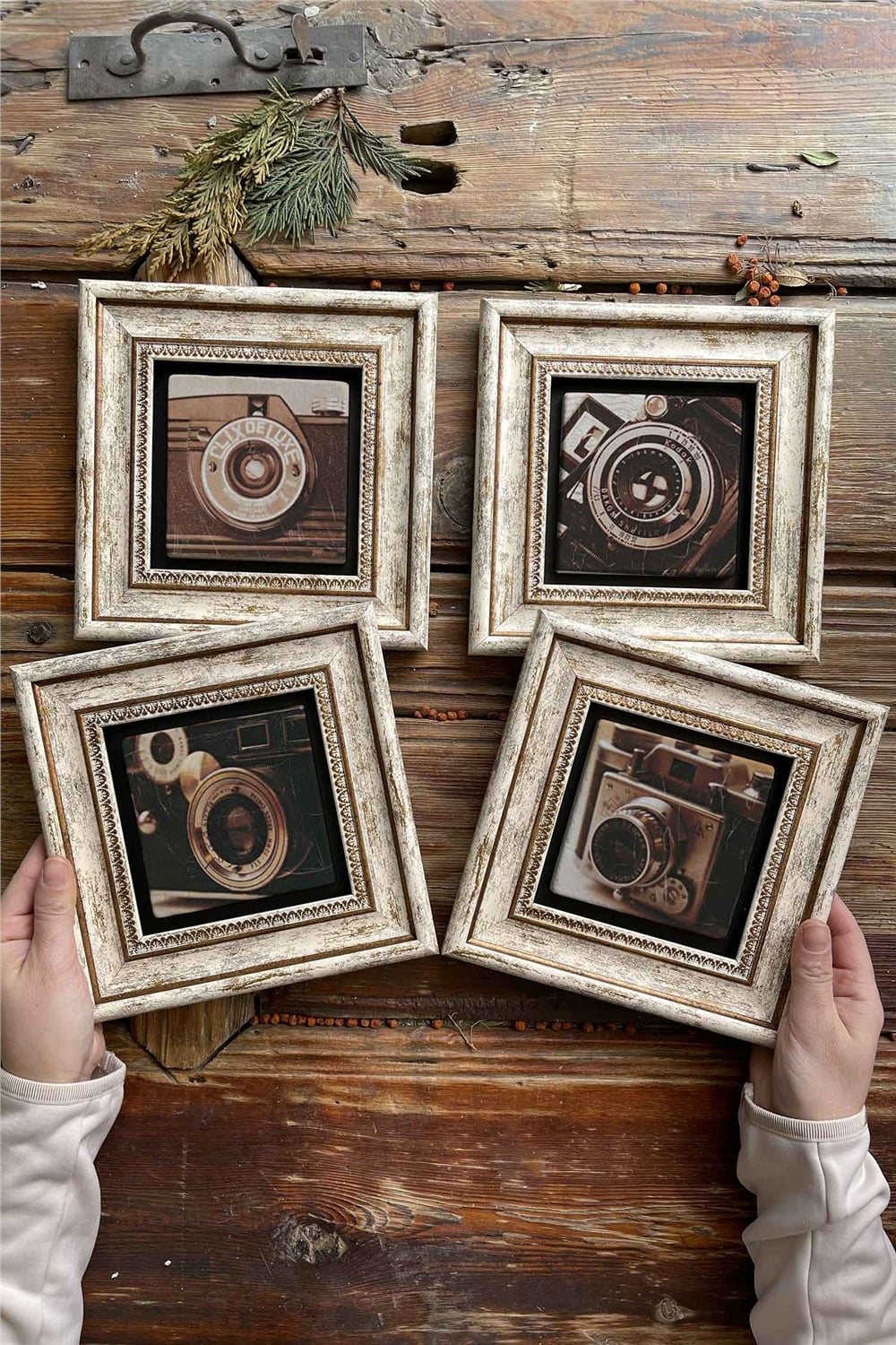 Oscar Stone Decor Çerçeveli Taş Tablo Duvar Dekoru 20x20cm 4'lü Set Eski Fotoğraf Makinesi Seti